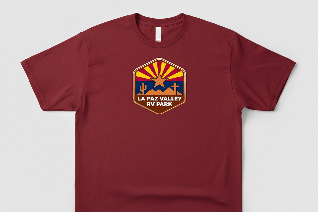 Maroon red t-shirt with La Paz Valley RV Park logo on front